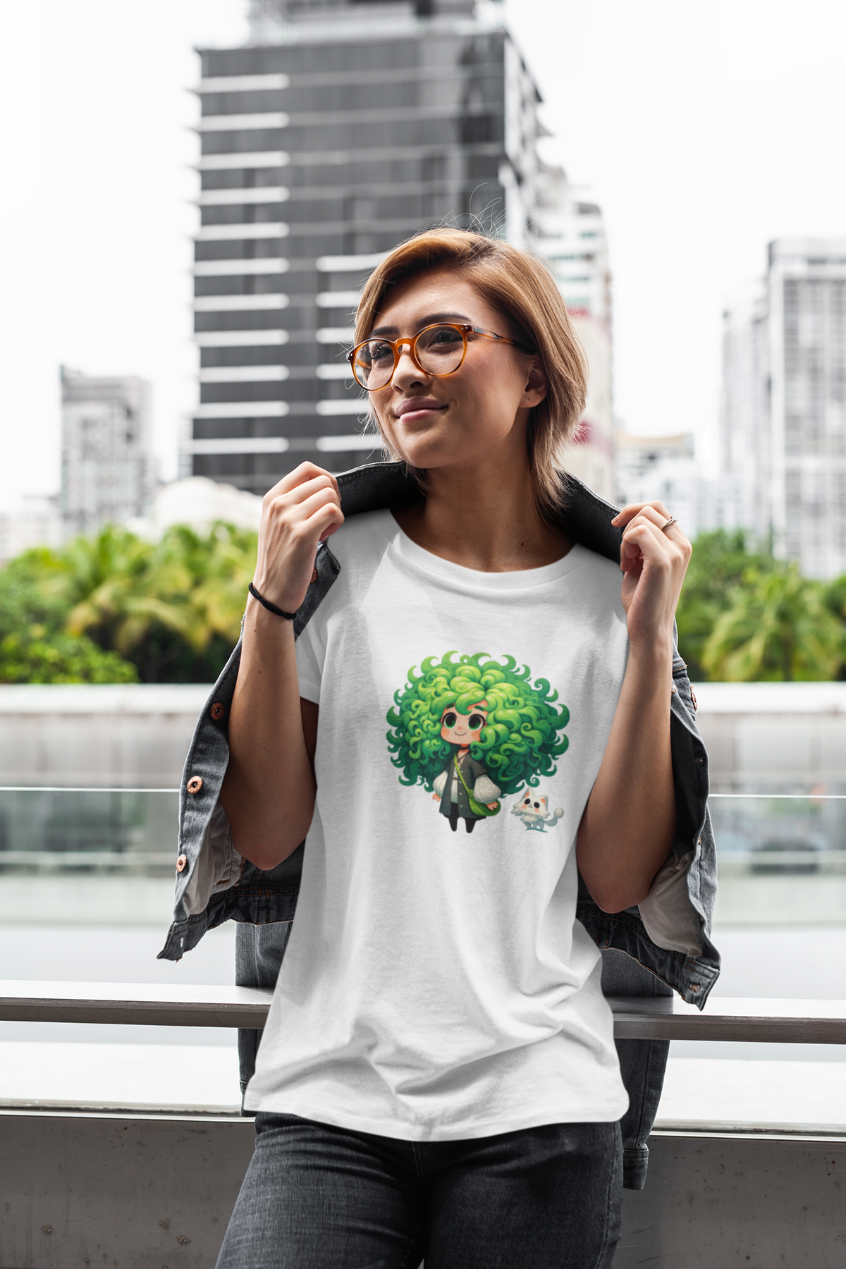 Cute Chibi Character T-Shirt | Big Green Hair Girl with Cat | Kawaii Anime Art Tee | Unisex | Green Curly Hair Girl Tee | Cute Cartoon Girl