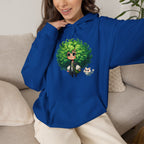 Green Hair Chibi Girl | Cute Anime Character | Kawaii Cat Companion Graphic | Unisex | Green Curly-Head Character Hooded