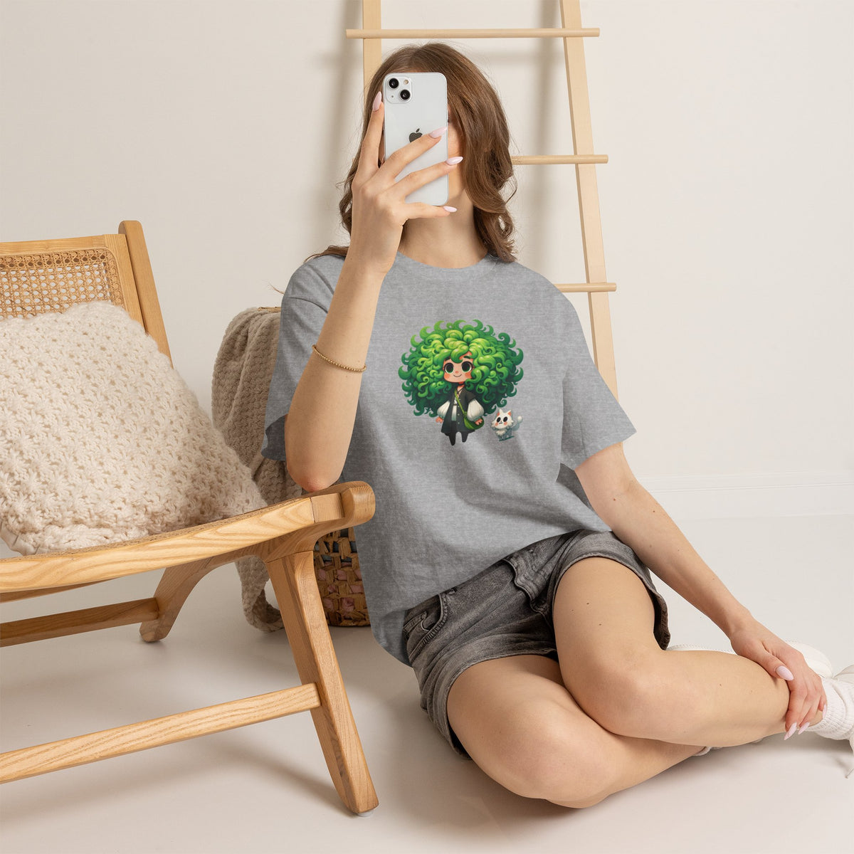 Cute Chibi Character T-Shirt | Big Green Hair Girl with Cat | Kawaii Anime Art Tee | Unisex | Green Curly Hair Girl Tee | Cute Cartoon Girl