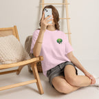 Cute Chibi Character T-Shirt | Big Green Hair Girl with Cat | Kawaii Anime Art Tee | Unisex | Green Curly Hair Girl Tee | Cute Cartoon Girl