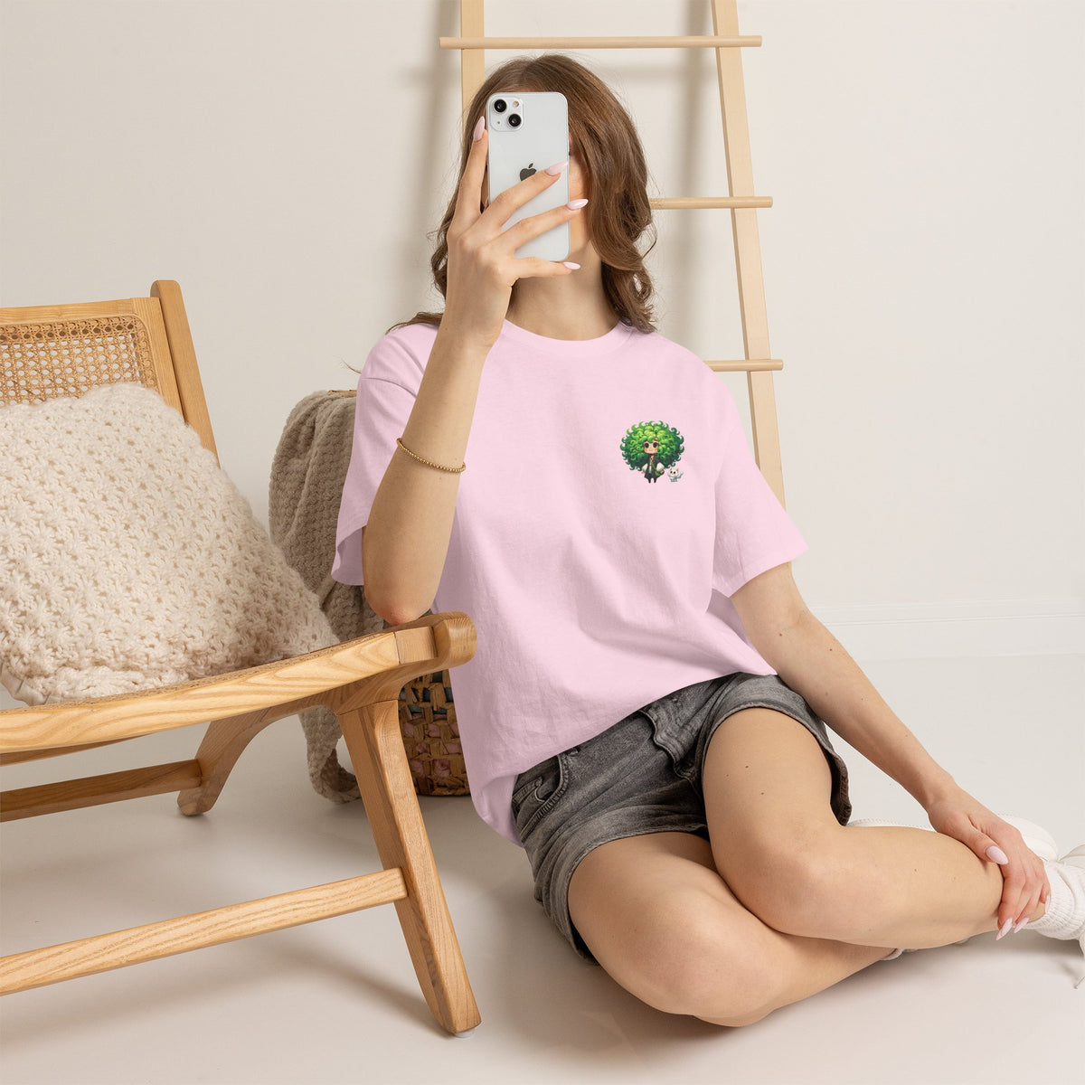 Cute Chibi Character T-Shirt | Big Green Hair Girl with Cat | Kawaii Anime Art Tee | Unisex | Green Curly Hair Girl Tee | Cute Cartoon Girl