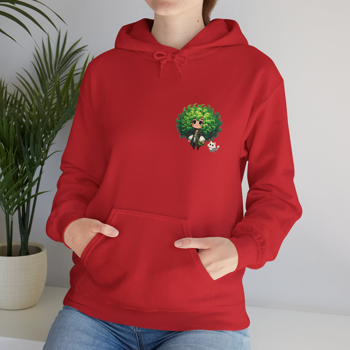 Green Hair Chibi Girl | Cute Anime Character | Kawaii Cat Companion Graphic | Unisex | Green Curly-Head Character Hooded