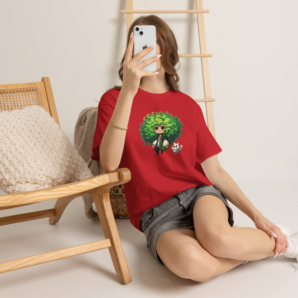Cute Chibi Character T-Shirt | Big Green Hair Girl with Cat | Kawaii Anime Art Tee | Unisex | Green Curly Hair Girl Tee | Cute Cartoon Girl