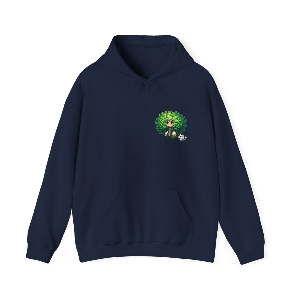 Green Hair Chibi Girl | Cute Anime Character | Kawaii Cat Companion Graphic | Unisex | Green Curly-Head Character Hooded