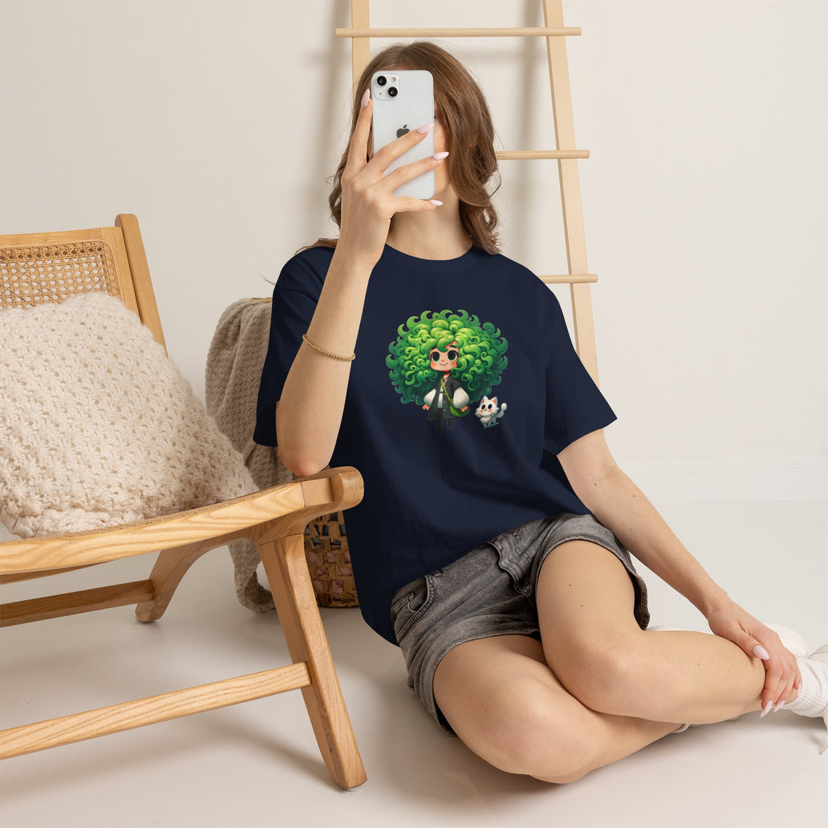 Cute Chibi Character T-Shirt | Big Green Hair Girl with Cat | Kawaii Anime Art Tee | Unisex | Green Curly Hair Girl Tee | Cute Cartoon Girl