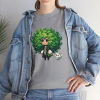 Cute Chibi Character T-Shirt | Big Green Hair Girl with Cat | Kawaii Anime Art Tee | Unisex | Green Curly Hair Girl Tee | Cute Cartoon Girl