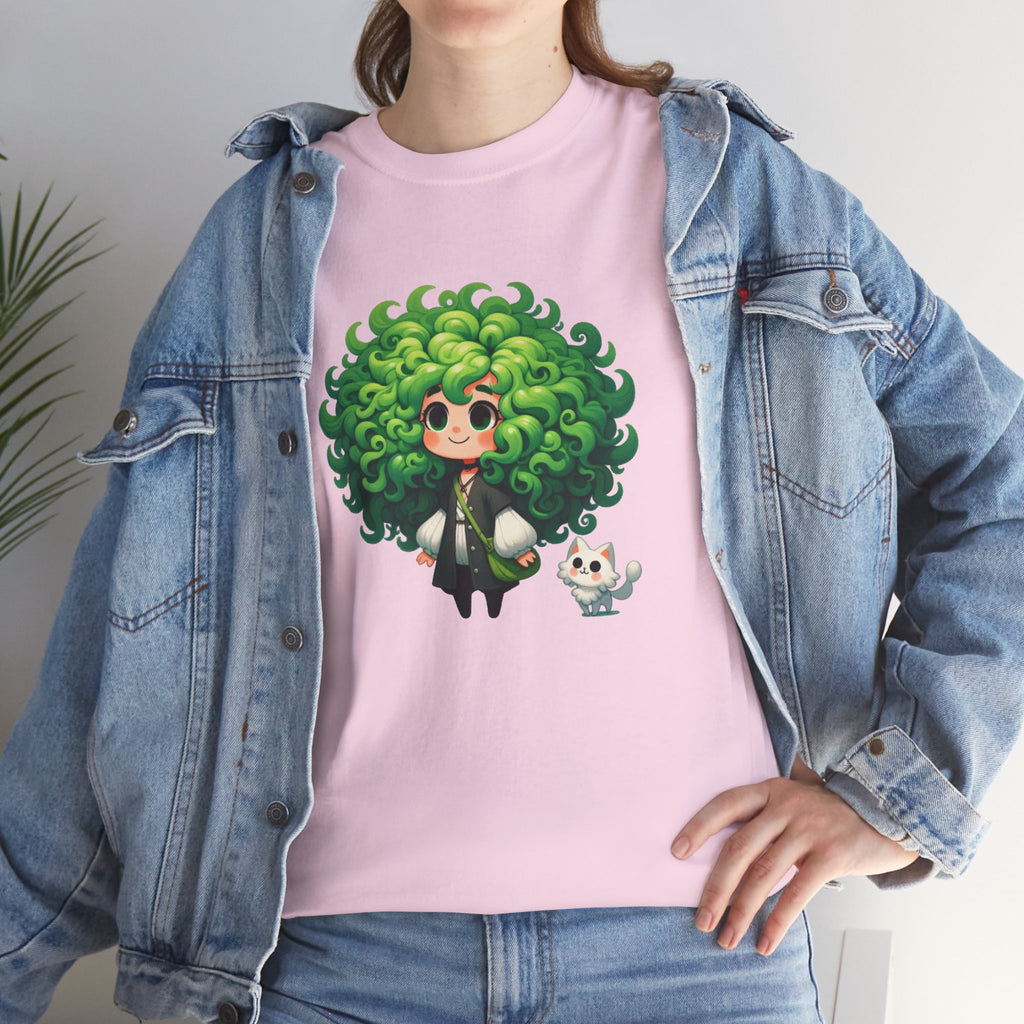Cute Chibi Character T-Shirt | Big Green Hair Girl with Cat | Kawaii Anime Art Tee | Unisex | Green Curly Hair Girl Tee | Cute Cartoon Girl