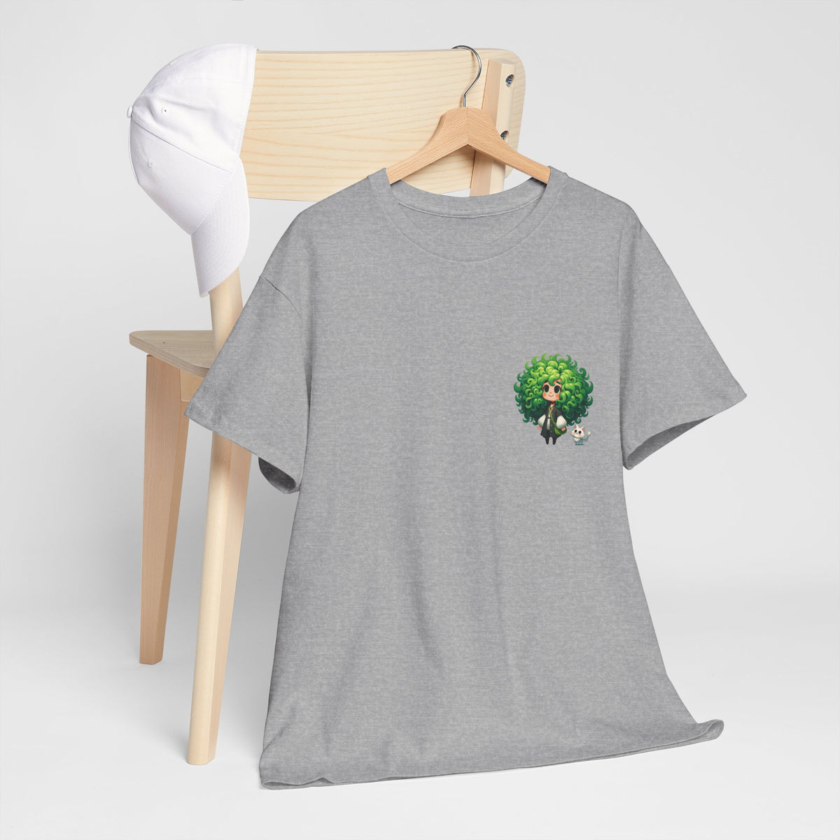 Cute Chibi Character T-Shirt | Big Green Hair Girl with Cat | Kawaii Anime Art Tee | Unisex | Green Curly Hair Girl Tee | Cute Cartoon Girl