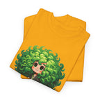 Cute Chibi Character T-Shirt | Big Green Hair Girl with Cat | Kawaii Anime Art Tee | Unisex | Green Curly Hair Girl Tee | Cute Cartoon Girl