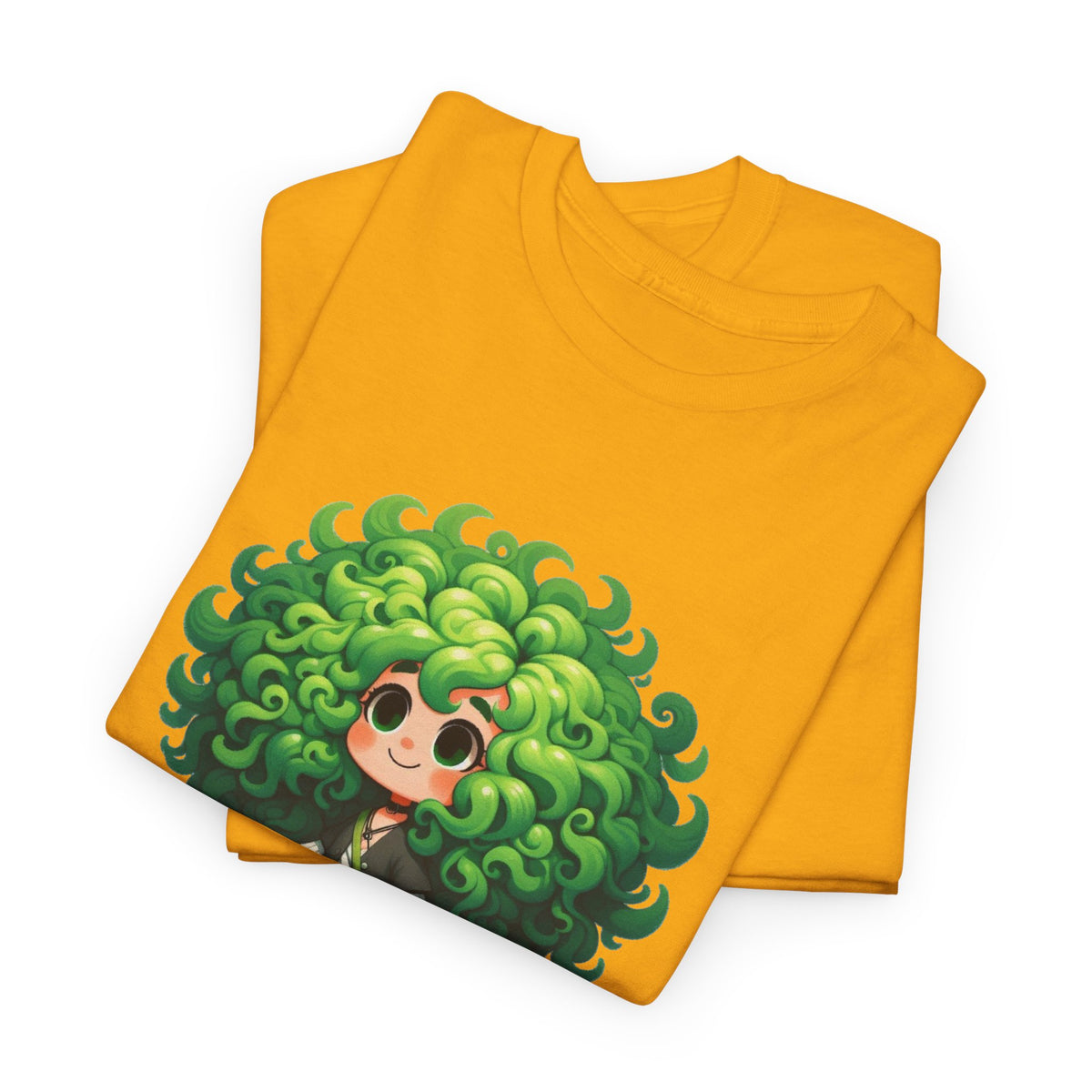 Cute Chibi Character T-Shirt | Big Green Hair Girl with Cat | Kawaii Anime Art Tee | Unisex | Green Curly Hair Girl Tee | Cute Cartoon Girl