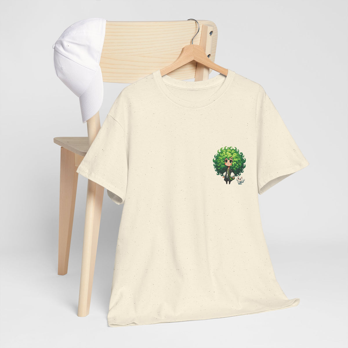 Cute Chibi Character T-Shirt | Big Green Hair Girl with Cat | Kawaii Anime Art Tee | Unisex | Green Curly Hair Girl Tee | Cute Cartoon Girl