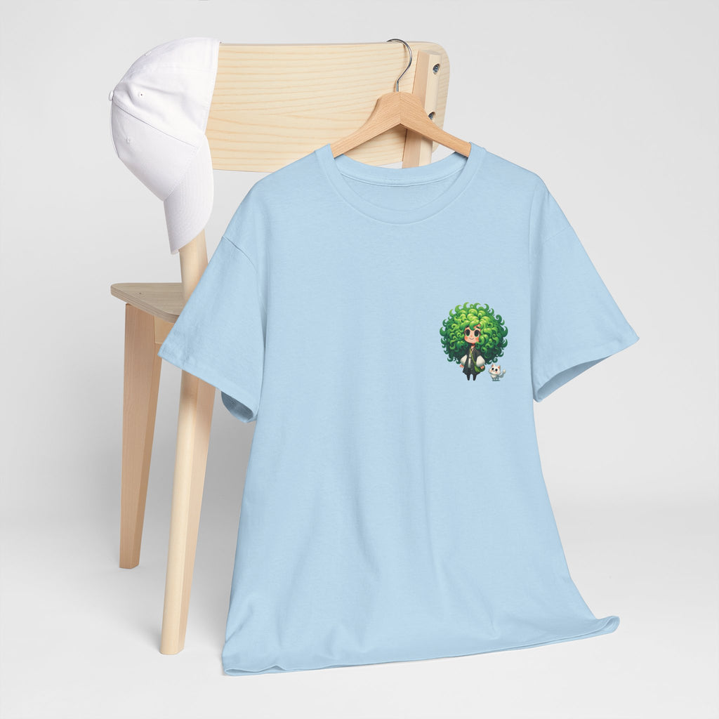 Cute Chibi Character T-Shirt | Big Green Hair Girl with Cat | Kawaii Anime Art Tee | Unisex | Green Curly Hair Girl Tee | Cute Cartoon Girl
