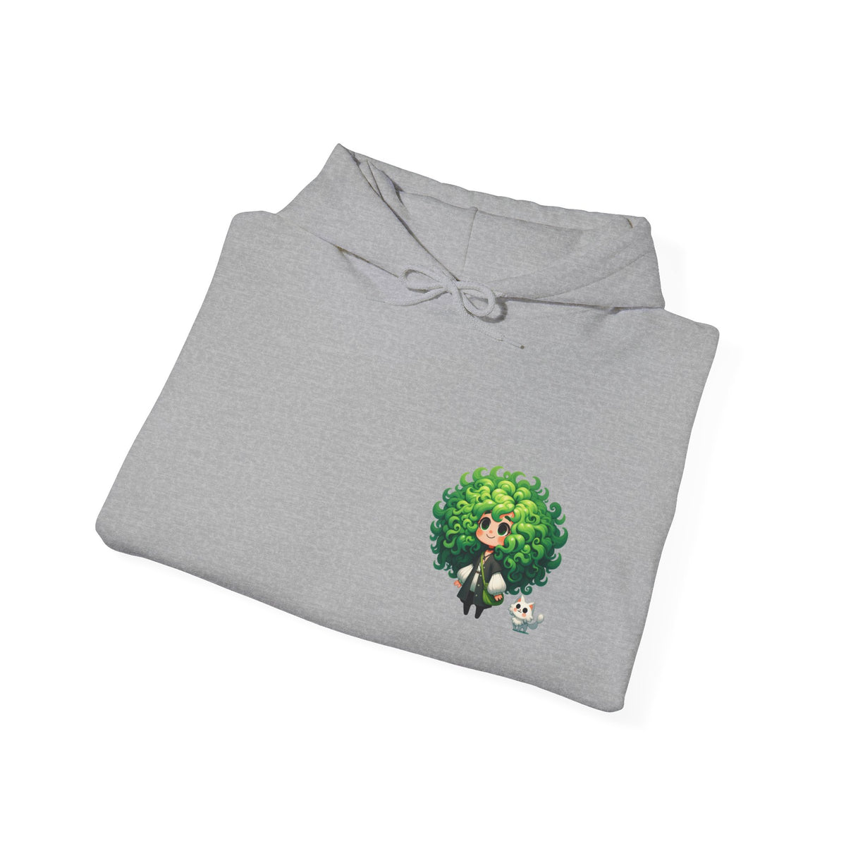 Green Hair Chibi Girl | Cute Anime Character | Kawaii Cat Companion Graphic | Unisex | Green Curly-Head Character Hooded