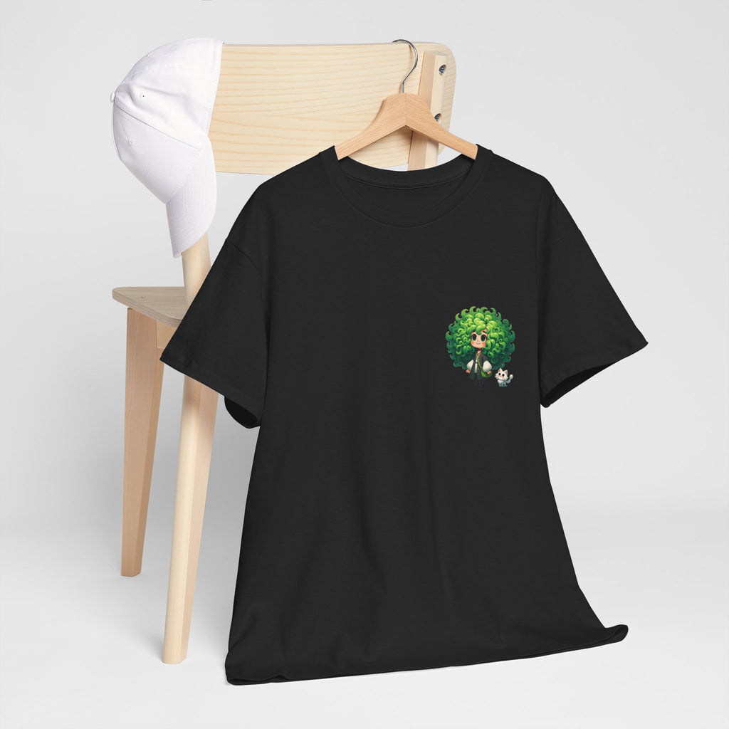 Cute Chibi Character T-Shirt | Big Green Hair Girl with Cat | Kawaii Anime Art Tee | Unisex | Green Curly Hair Girl Tee | Cute Cartoon Girl