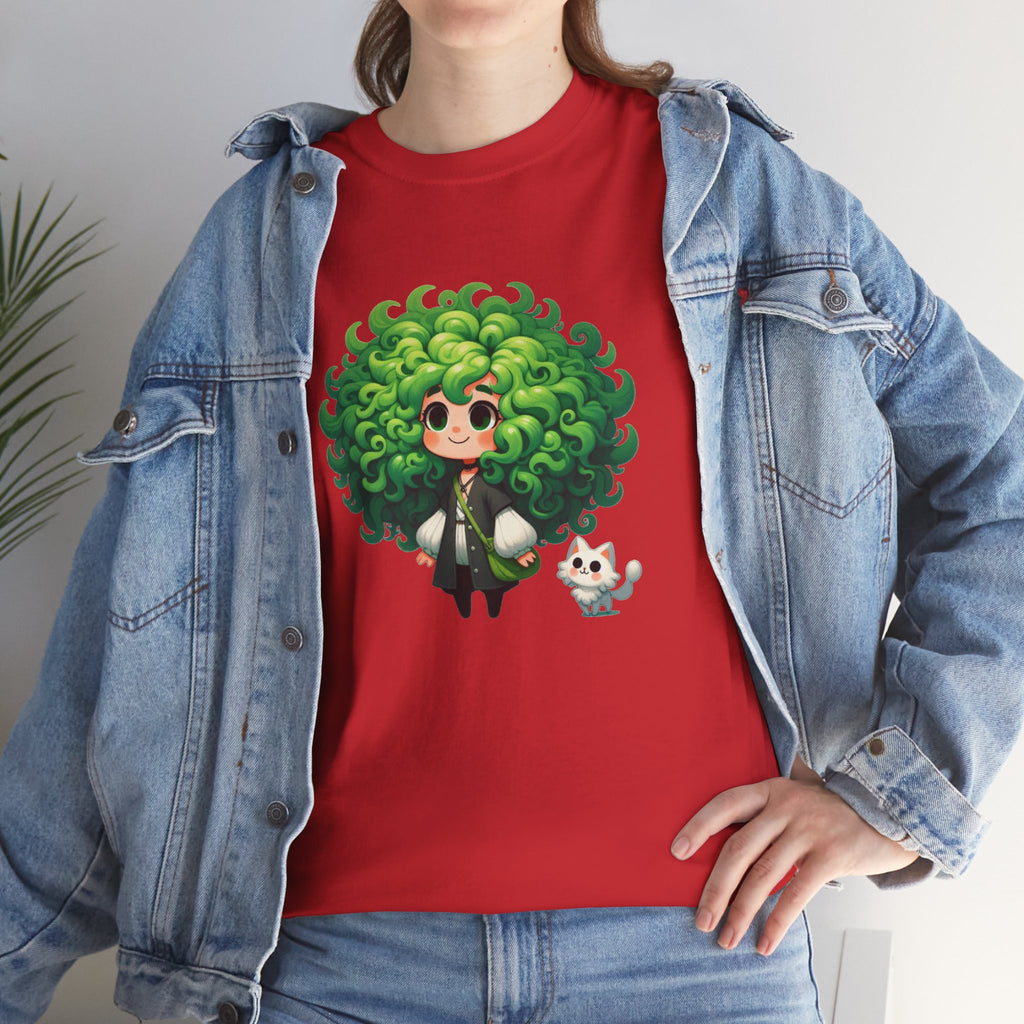 Cute Chibi Character T-Shirt | Big Green Hair Girl with Cat | Kawaii Anime Art Tee | Unisex | Green Curly Hair Girl Tee | Cute Cartoon Girl