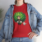 Cute Chibi Character T-Shirt | Big Green Hair Girl with Cat | Kawaii Anime Art Tee | Unisex | Green Curly Hair Girl Tee | Cute Cartoon Girl