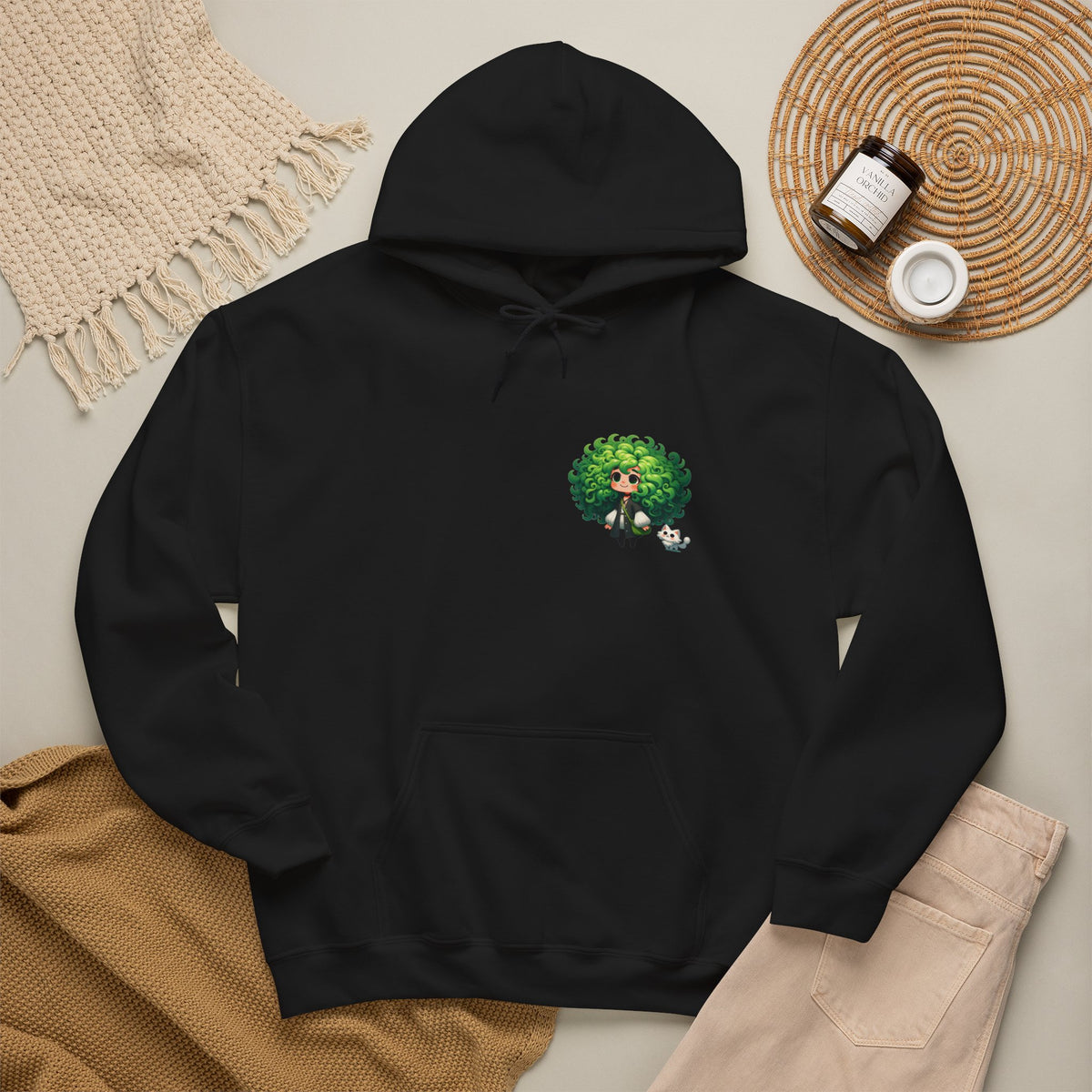 Green Hair Chibi Girl | Cute Anime Character | Kawaii Cat Companion Graphic | Unisex | Green Curly-Head Character Hooded