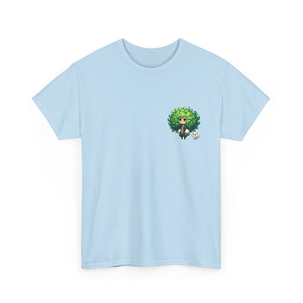Cute Chibi Character T-Shirt | Big Green Hair Girl with Cat | Kawaii Anime Art Tee | Unisex | Green Curly Hair Girl Tee | Cute Cartoon Girl