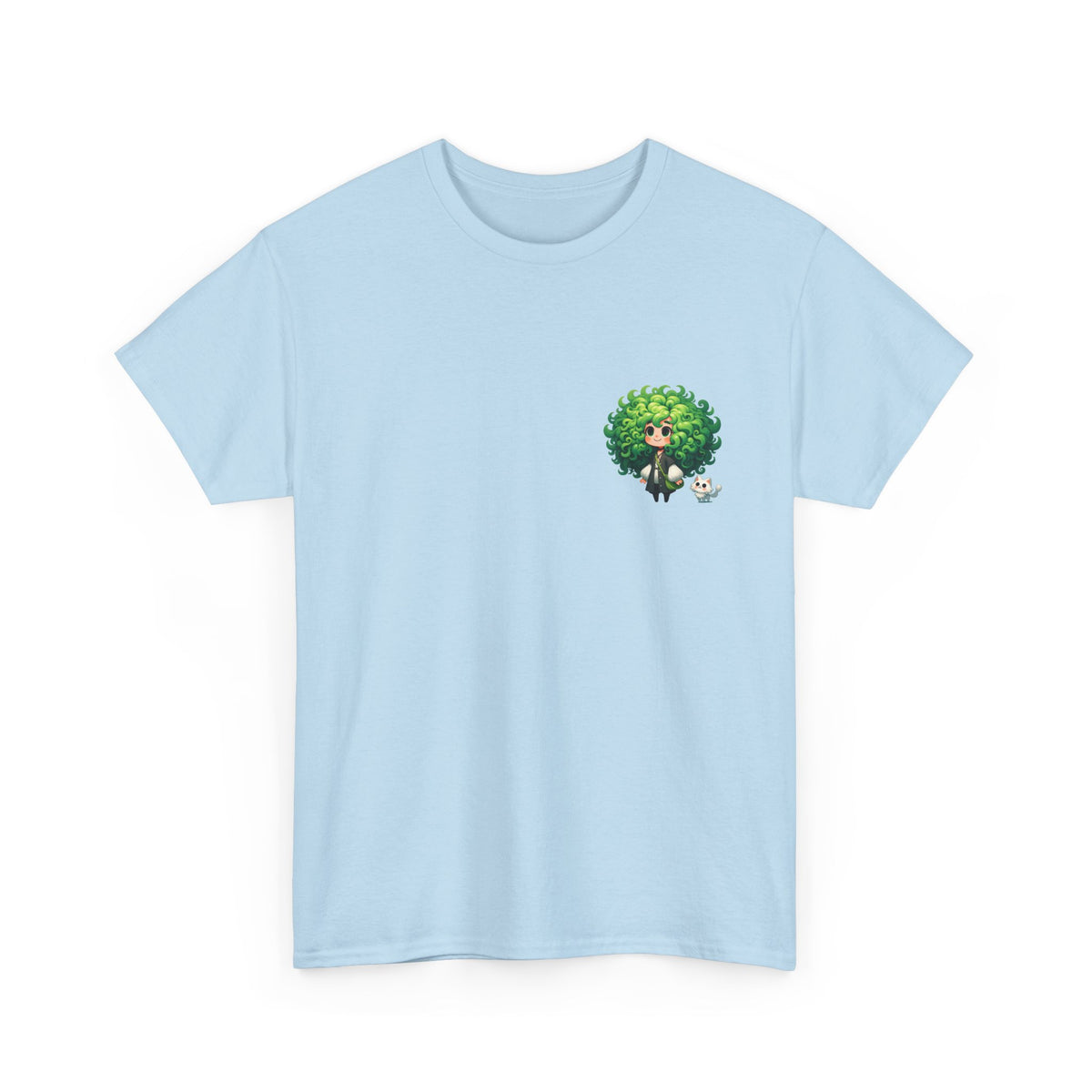 Cute Chibi Character T-Shirt | Big Green Hair Girl with Cat | Kawaii Anime Art Tee | Unisex | Green Curly Hair Girl Tee | Cute Cartoon Girl