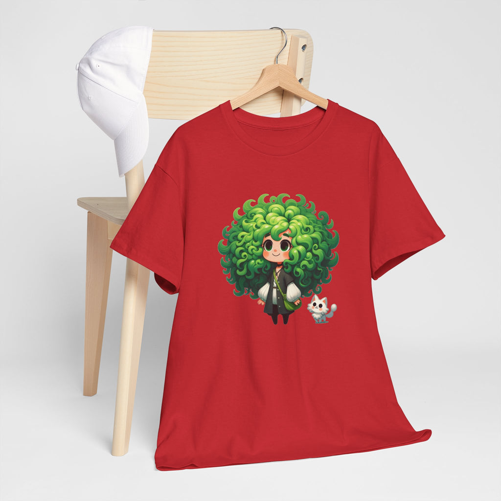 Cute Chibi Character T-Shirt | Big Green Hair Girl with Cat | Kawaii Anime Art Tee | Unisex | Green Curly Hair Girl Tee | Cute Cartoon Girl