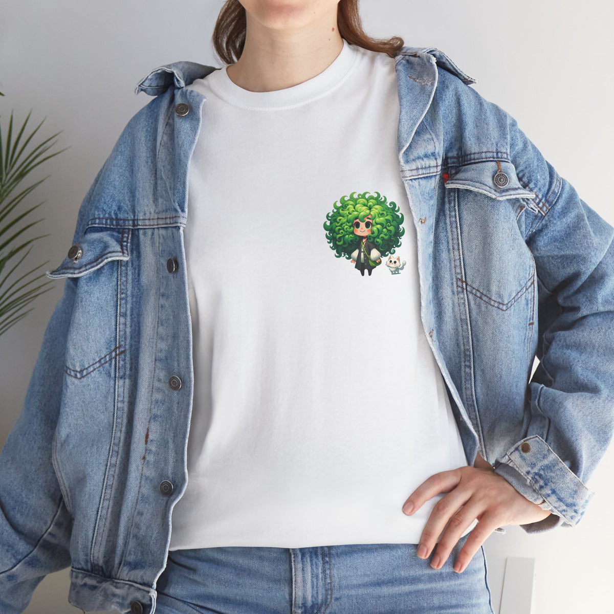 Cute Chibi Character T-Shirt | Big Green Hair Girl with Cat | Kawaii Anime Art Tee | Unisex | Green Curly Hair Girl Tee | Cute Cartoon Girl