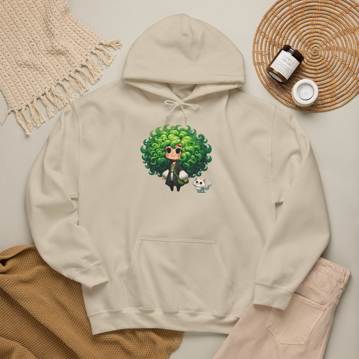Green Hair Chibi Girl | Cute Anime Character | Kawaii Cat Companion Graphic | Unisex | Green Curly-Head Character Hooded