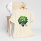 Cute Chibi Character T-Shirt | Big Green Hair Girl with Cat | Kawaii Anime Art Tee | Unisex | Green Curly Hair Girl Tee | Cute Cartoon Girl