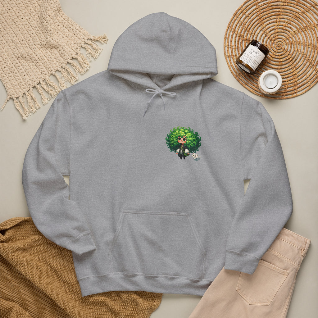 Green Hair Chibi Girl | Cute Anime Character | Kawaii Cat Companion Graphic | Unisex | Green Curly-Head Character Hooded