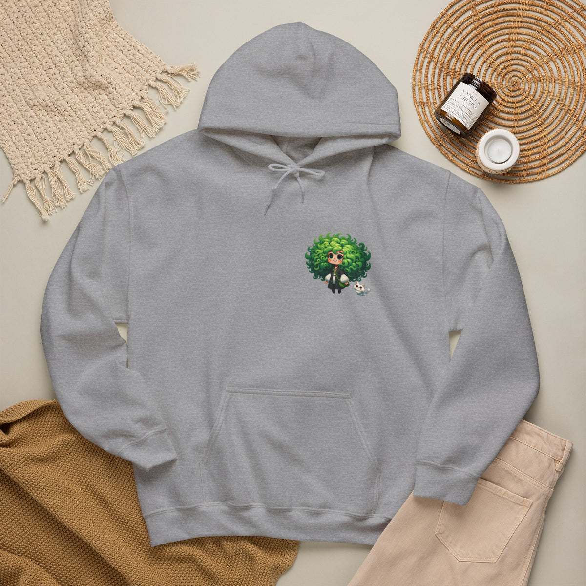 Green Hair Chibi Girl | Cute Anime Character | Kawaii Cat Companion Graphic | Unisex | Green Curly-Head Character Hooded