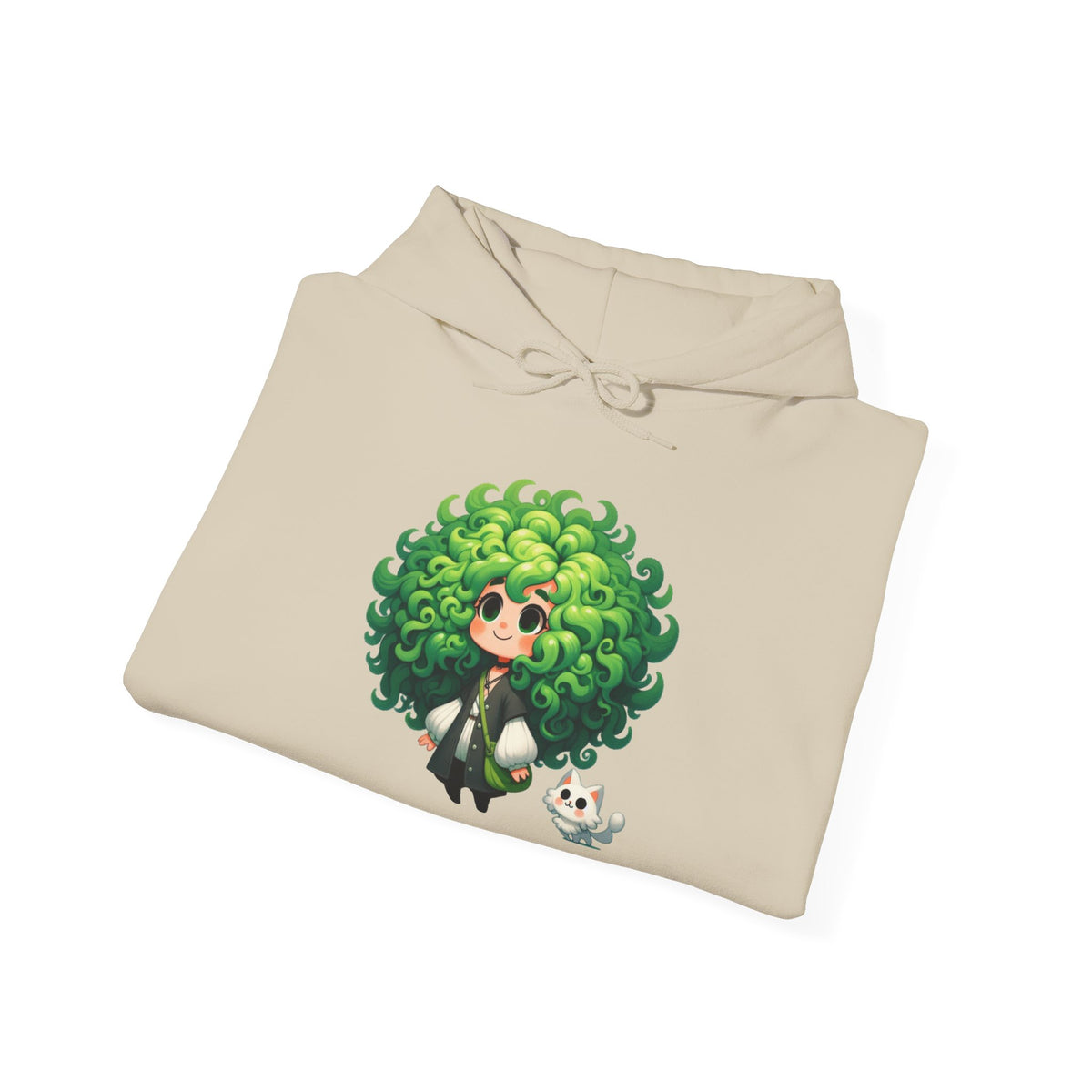 Green Hair Chibi Girl | Cute Anime Character | Kawaii Cat Companion Graphic | Unisex | Green Curly-Head Character Hooded