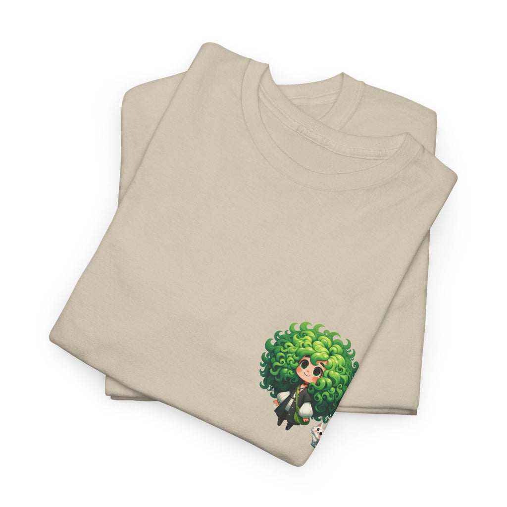 Cute Chibi Character T-Shirt | Big Green Hair Girl with Cat | Kawaii Anime Art Tee | Unisex | Green Curly Hair Girl Tee | Cute Cartoon Girl