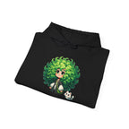 Green Hair Chibi Girl | Cute Anime Character | Kawaii Cat Companion Graphic | Unisex | Green Curly-Head Character Hooded
