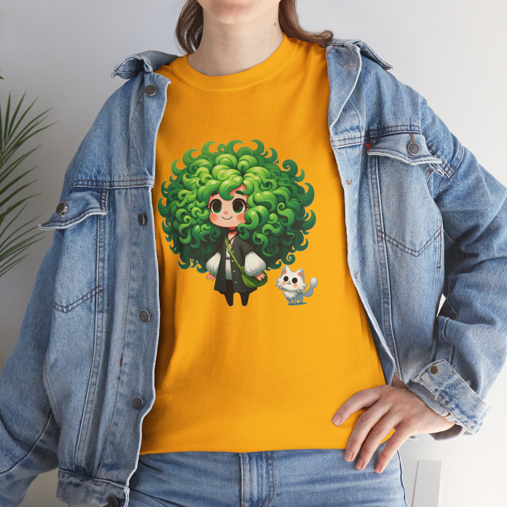 Cute Chibi Character T-Shirt | Big Green Hair Girl with Cat | Kawaii Anime Art Tee | Unisex | Green Curly Hair Girl Tee | Cute Cartoon Girl