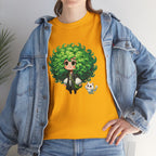 Cute Chibi Character T-Shirt | Big Green Hair Girl with Cat | Kawaii Anime Art Tee | Unisex | Green Curly Hair Girl Tee | Cute Cartoon Girl