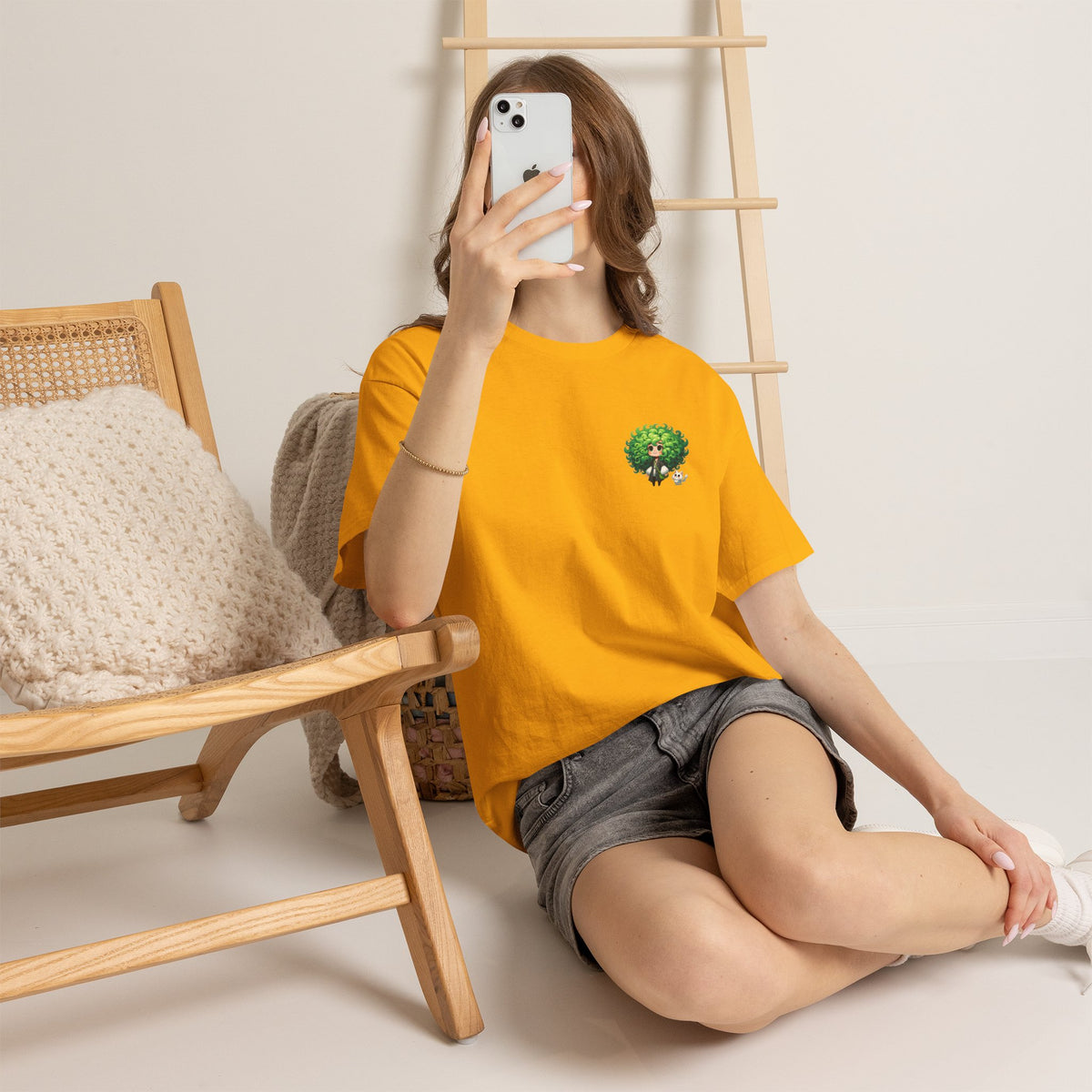 Cute Chibi Character T-Shirt | Big Green Hair Girl with Cat | Kawaii Anime Art Tee | Unisex | Green Curly Hair Girl Tee | Cute Cartoon Girl