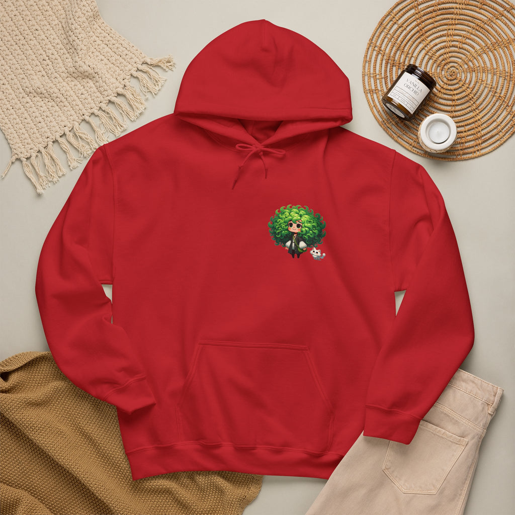 Green Hair Chibi Girl | Cute Anime Character | Kawaii Cat Companion Graphic | Unisex | Green Curly-Head Character Hooded