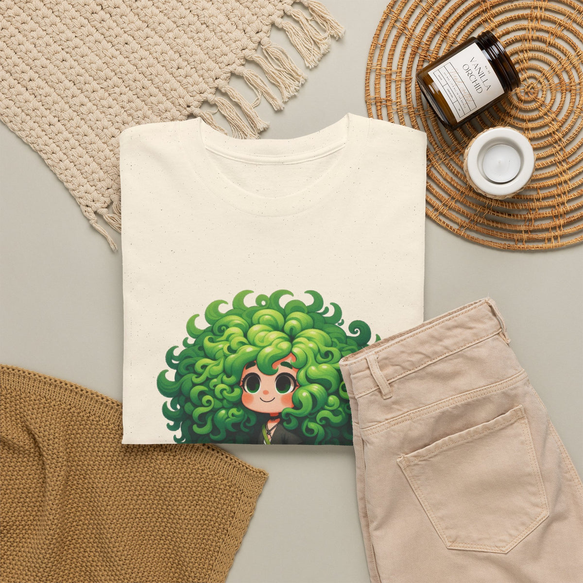 Cute Chibi Character T-Shirt | Big Green Hair Girl with Cat | Kawaii Anime Art Tee | Unisex | Green Curly Hair Girl Tee | Cute Cartoon Girl