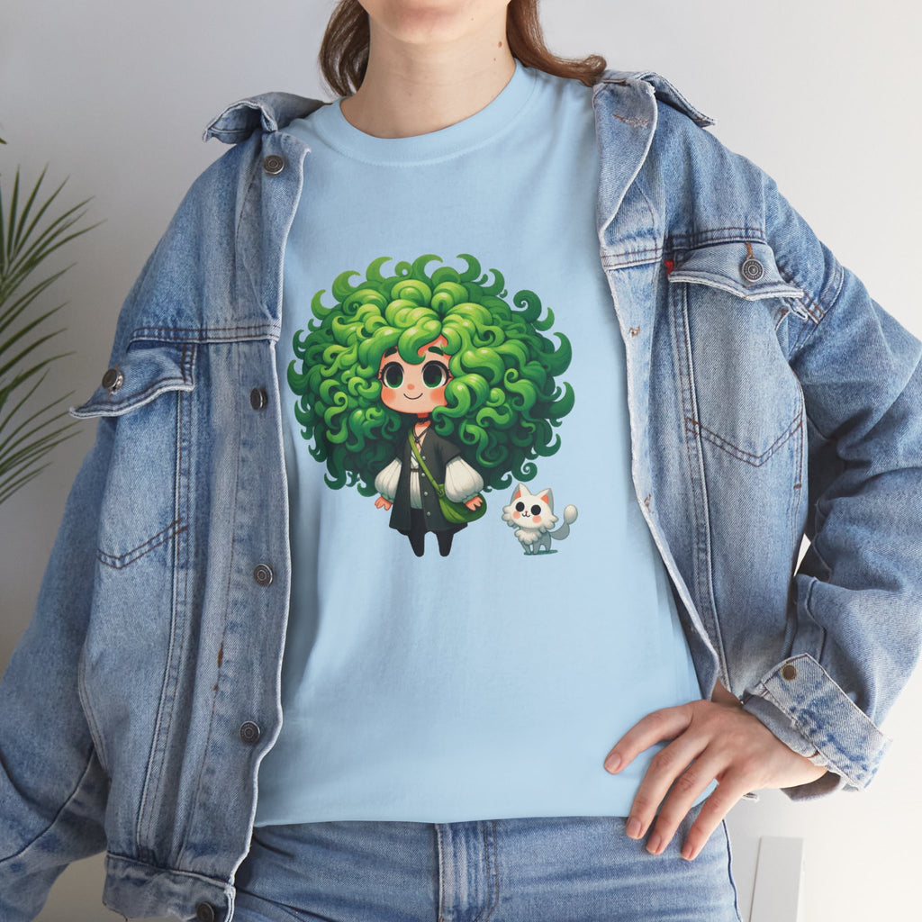 Cute Chibi Character T-Shirt | Big Green Hair Girl with Cat | Kawaii Anime Art Tee | Unisex | Green Curly Hair Girl Tee | Cute Cartoon Girl