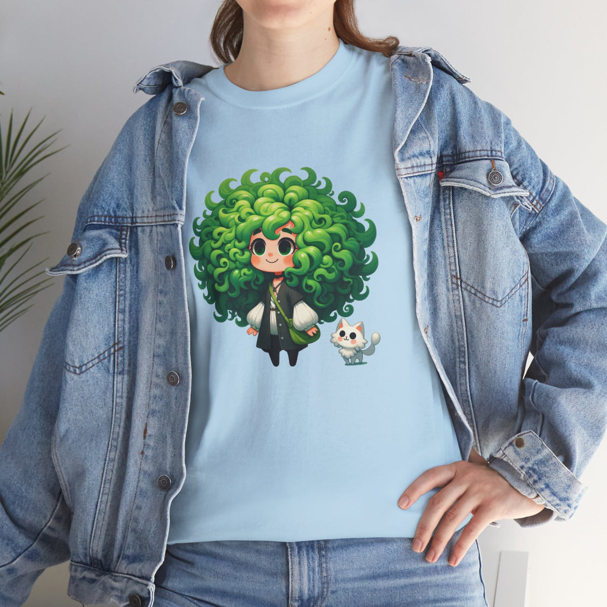 Cute Chibi Character T-Shirt | Big Green Hair Girl with Cat | Kawaii Anime Art Tee | Unisex | Green Curly Hair Girl Tee | Cute Cartoon Girl