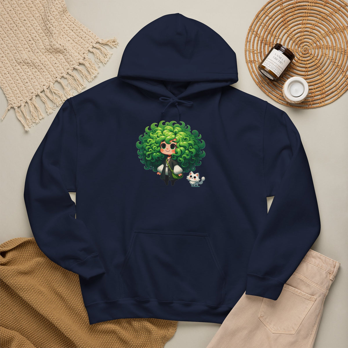 Green Hair Chibi Girl | Cute Anime Character | Kawaii Cat Companion Graphic | Unisex | Green Curly-Head Character Hooded