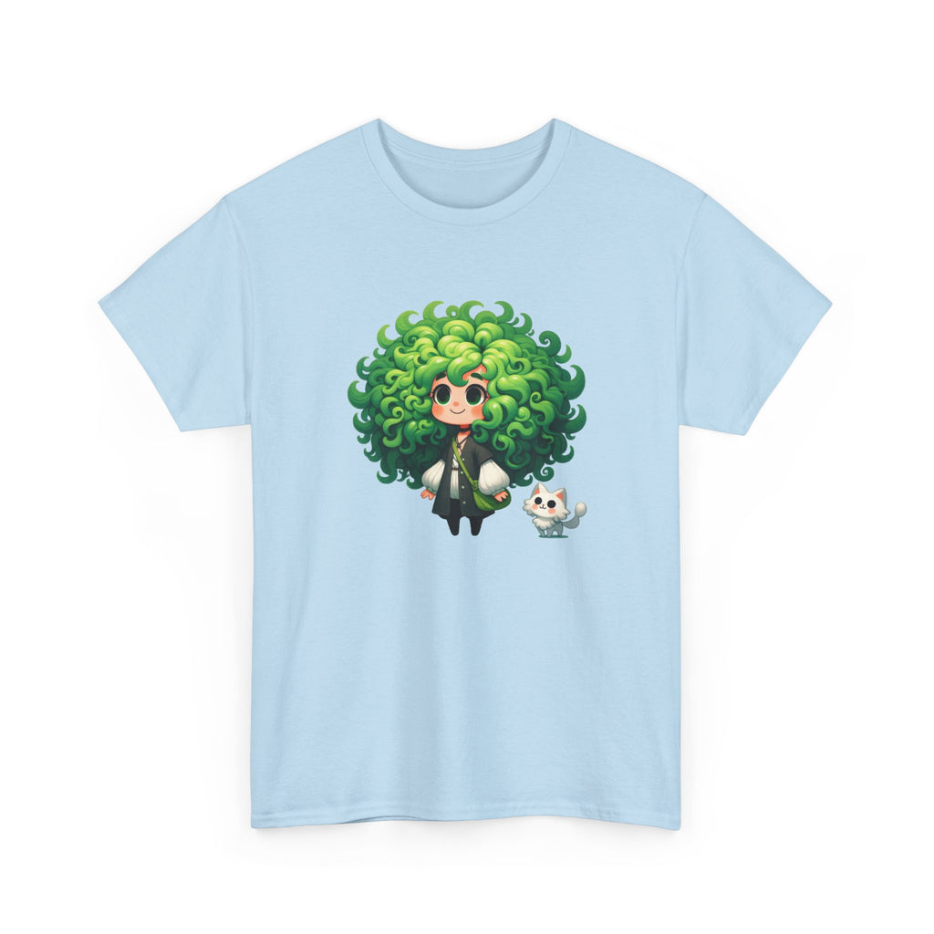 Cute Chibi Character T-Shirt | Big Green Hair Girl with Cat | Kawaii Anime Art Tee | Unisex | Green Curly Hair Girl Tee | Cute Cartoon Girl