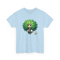 Cute Chibi Character T-Shirt | Big Green Hair Girl with Cat | Kawaii Anime Art Tee | Unisex | Green Curly Hair Girl Tee | Cute Cartoon Girl