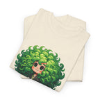Cute Chibi Character T-Shirt | Big Green Hair Girl with Cat | Kawaii Anime Art Tee | Unisex | Green Curly Hair Girl Tee | Cute Cartoon Girl