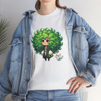 Cute Chibi Character T-Shirt | Big Green Hair Girl with Cat | Kawaii Anime Art Tee | Unisex | Green Curly Hair Girl Tee | Cute Cartoon Girl