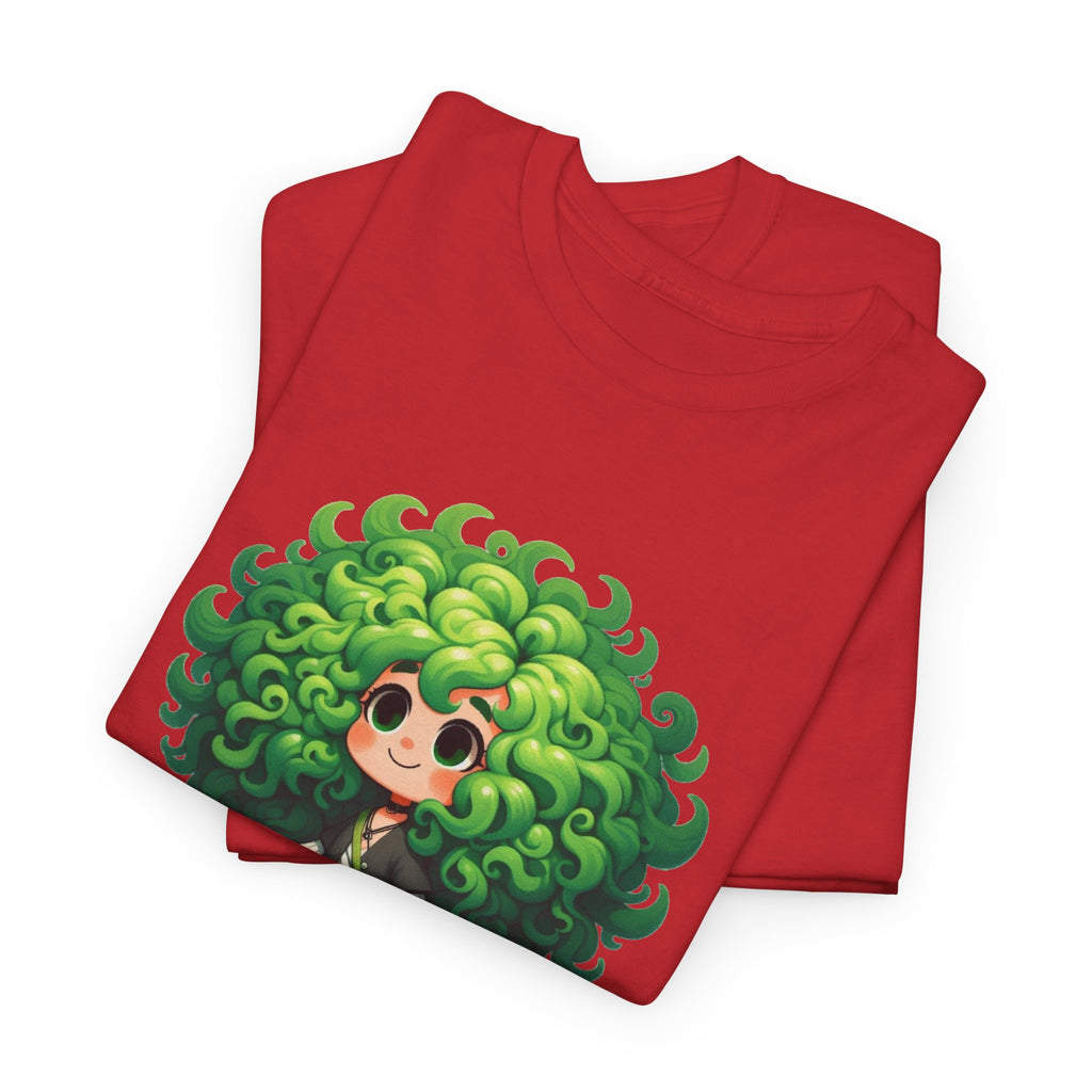 Cute Chibi Character T-Shirt | Big Green Hair Girl with Cat | Kawaii Anime Art Tee | Unisex | Green Curly Hair Girl Tee | Cute Cartoon Girl