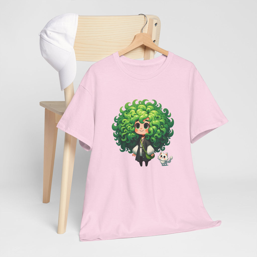 Cute Chibi Character T-Shirt | Big Green Hair Girl with Cat | Kawaii Anime Art Tee | Unisex | Green Curly Hair Girl Tee | Cute Cartoon Girl