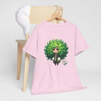 Cute Chibi Character T-Shirt | Big Green Hair Girl with Cat | Kawaii Anime Art Tee | Unisex | Green Curly Hair Girl Tee | Cute Cartoon Girl