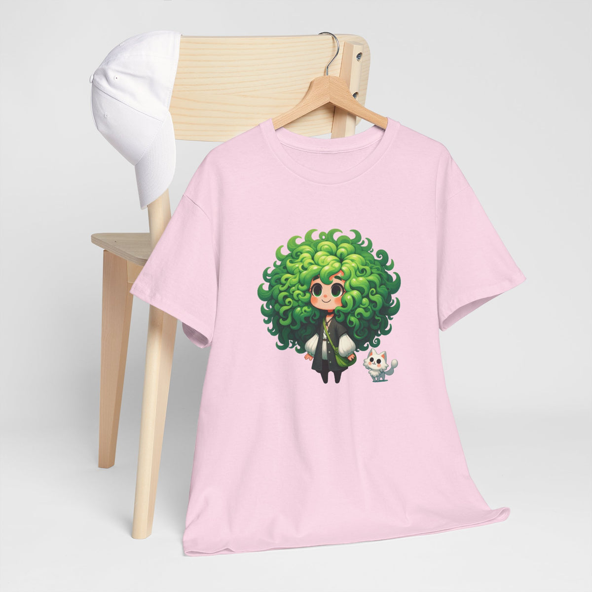 Cute Chibi Character T-Shirt | Big Green Hair Girl with Cat | Kawaii Anime Art Tee | Unisex | Green Curly Hair Girl Tee | Cute Cartoon Girl