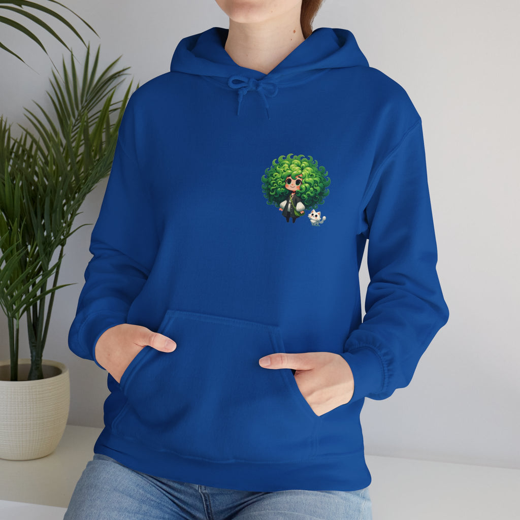 Green Hair Chibi Girl | Cute Anime Character | Kawaii Cat Companion Graphic | Unisex | Green Curly-Head Character Hooded