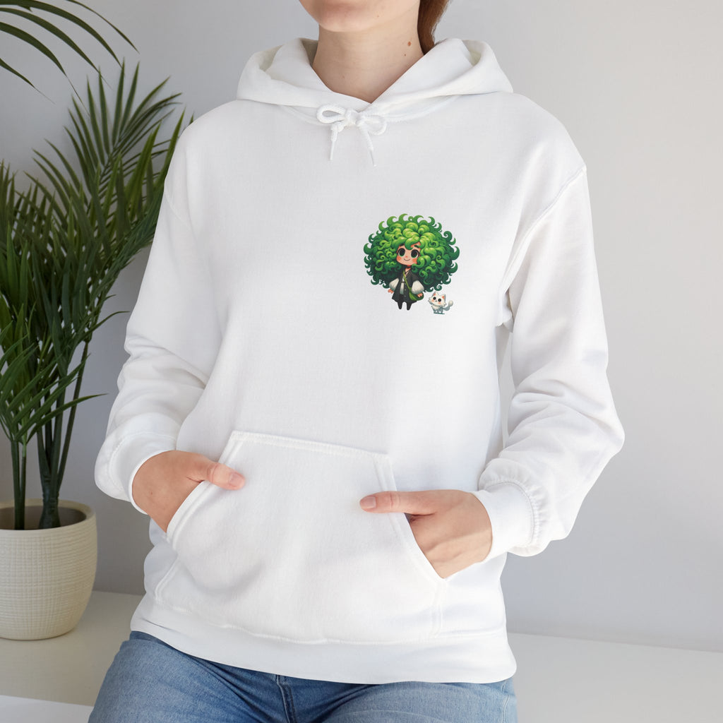 Green Hair Chibi Girl | Cute Anime Character | Kawaii Cat Companion Graphic | Unisex | Green Curly-Head Character Hooded